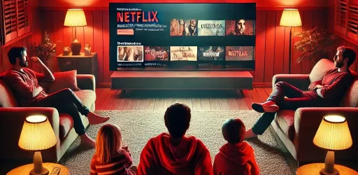 DALL·E 2025-01-29 12.14.06 - Una imagen representando Netflix_ Un fondo rojo oscuro y acogedor con una gran pantalla de televisión en una sala de estar. En primer plano, una famil (1)